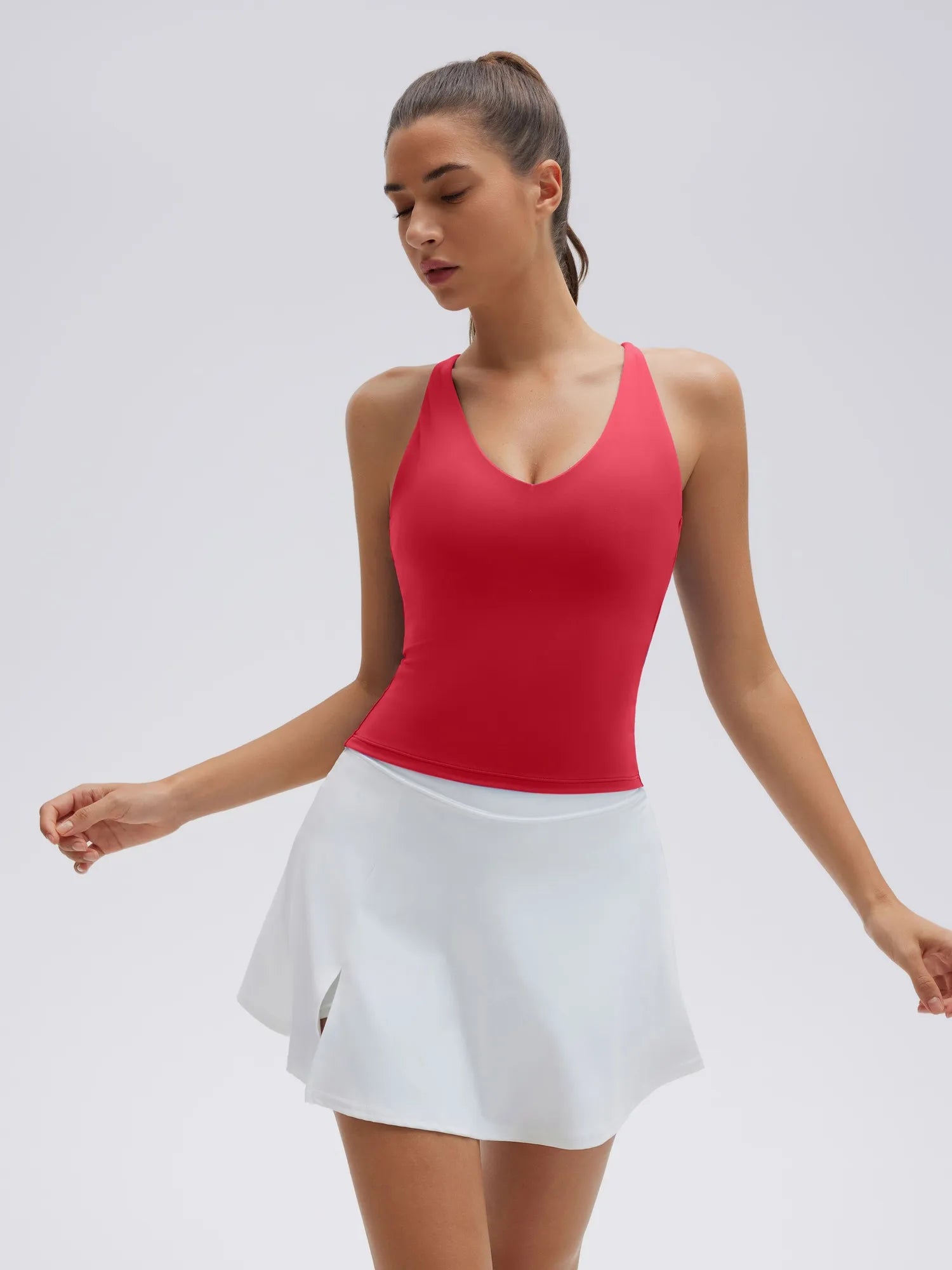 Open Back V Neck Padded Longline Workout Tank Tops-SUUKSESS-Red-XS-SUUKSESS