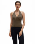 Halter Deep V Neck Wrap Workout Tank Tops-SUUKSESS-Brown-XS-SUUKSESS
