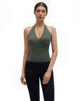 Halter Deep V Neck Wrap Workout Tank Tops-SUUKSESS-Green-XS-SUUKSESS