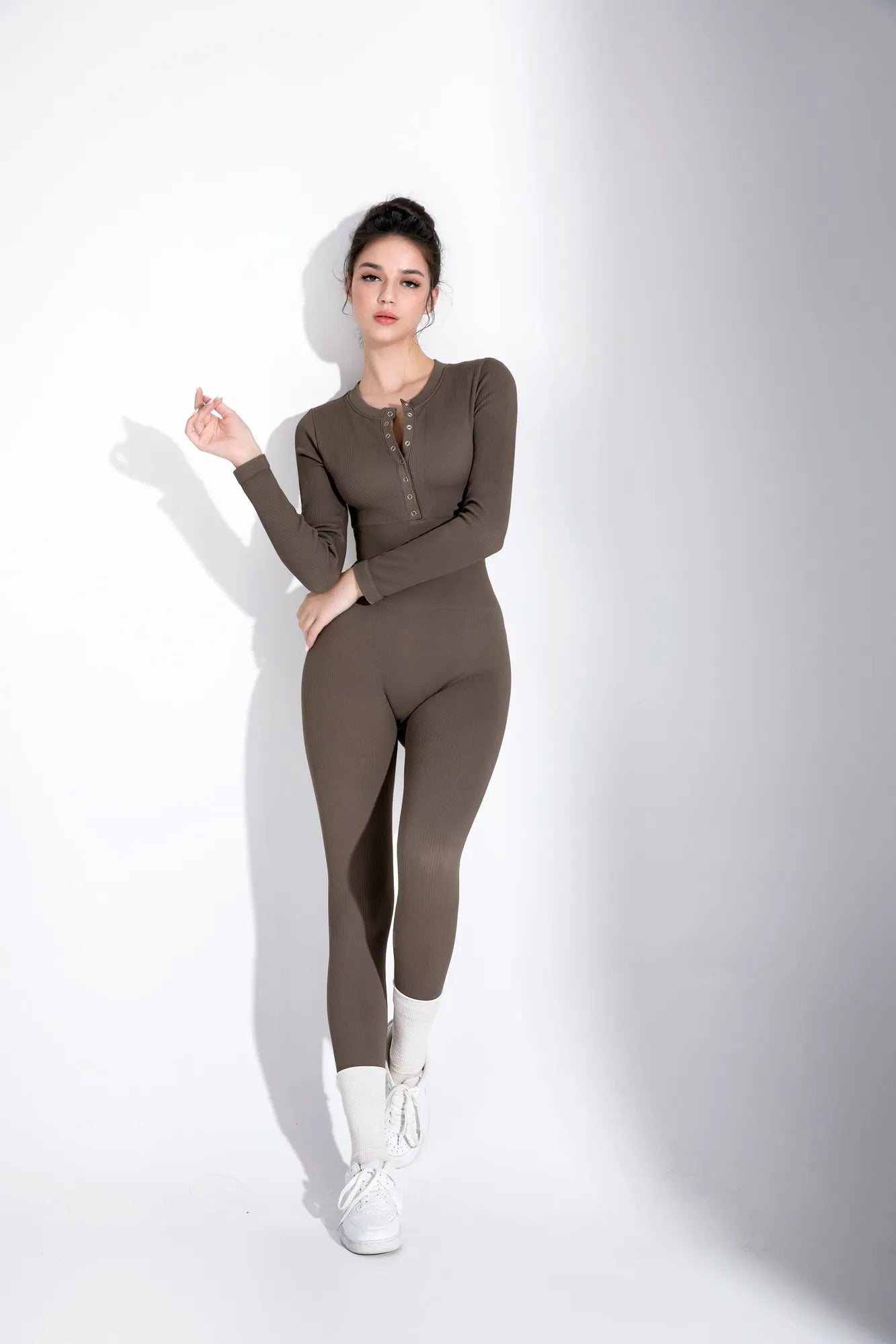 Ribbed Button V Neck Jumpsuit-Clothing-SUUKSESS-SUUKSESS