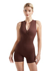 Ribbed Zip-Up Romper-SUUKSESS-Brown-S-SUUKSESS