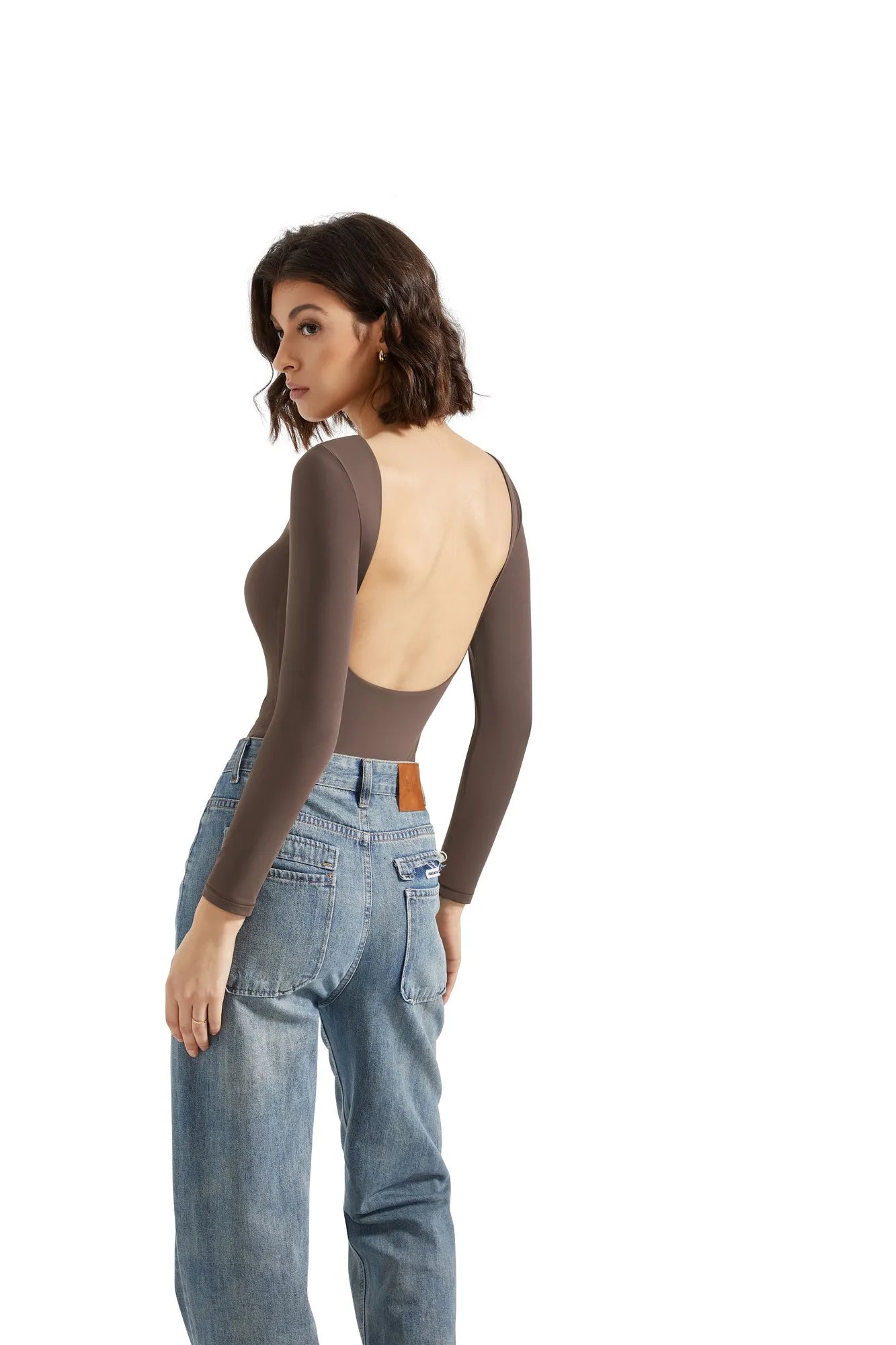 Buttery Soft Open Back Bodysuit - Long Sleeve-SUUKSESS-Brown-XS-SUUKSESS