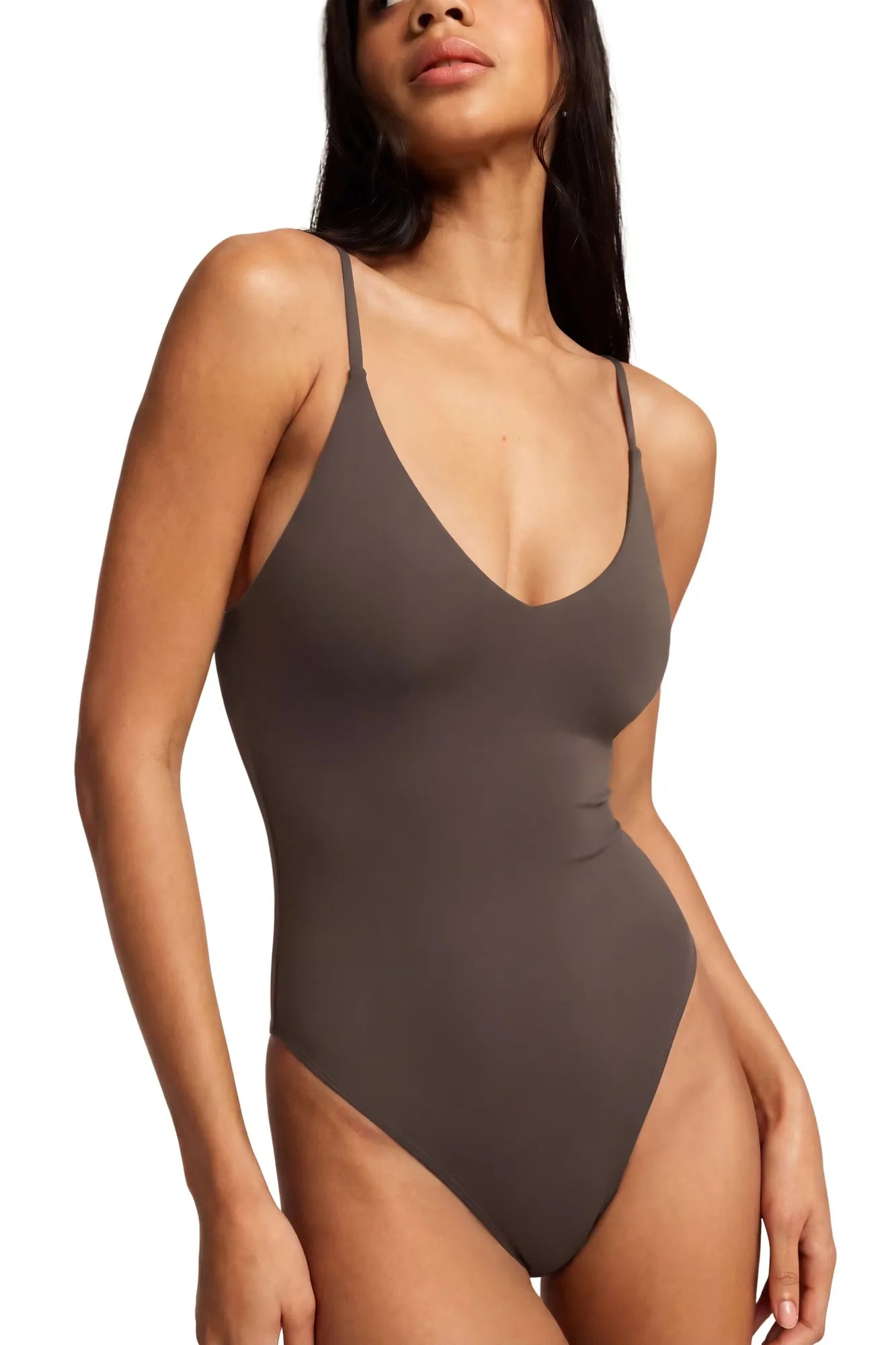 Padded V Neck Thong Bodysuit-SUUKSESS-Brown-XS-SUUKSESS