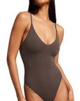 Padded V Neck Thong Bodysuit-SUUKSESS-Brown-XS-SUUKSESS