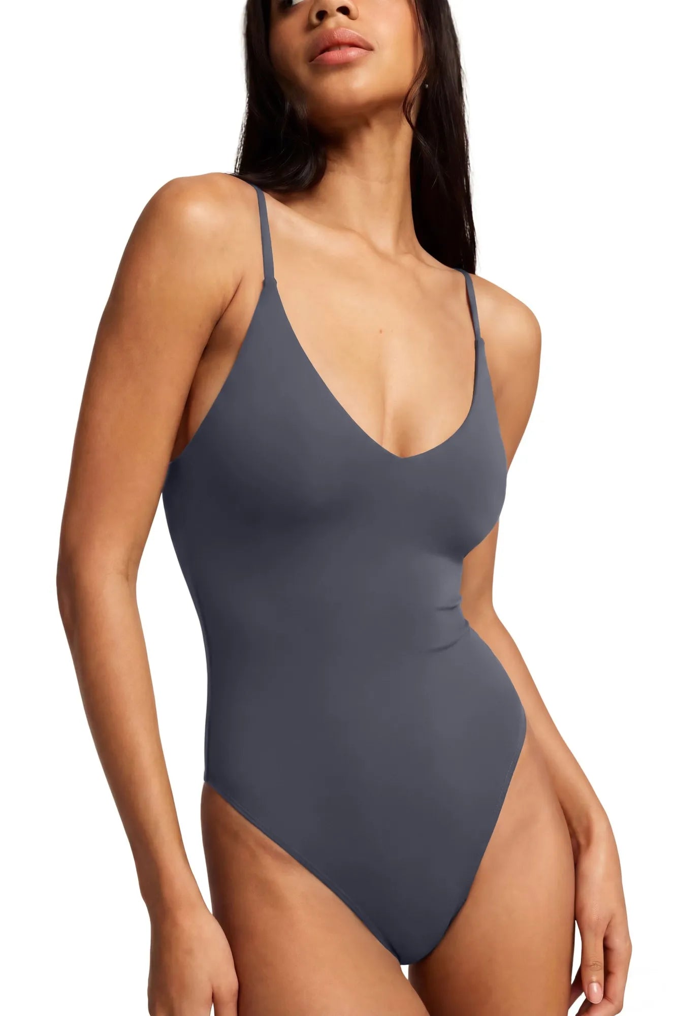 Padded V Neck Thong Bodysuit-SUUKSESS-Grey-XS-SUUKSESS