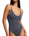 Padded V Neck Thong Bodysuit-SUUKSESS-Grey-XS-SUUKSESS