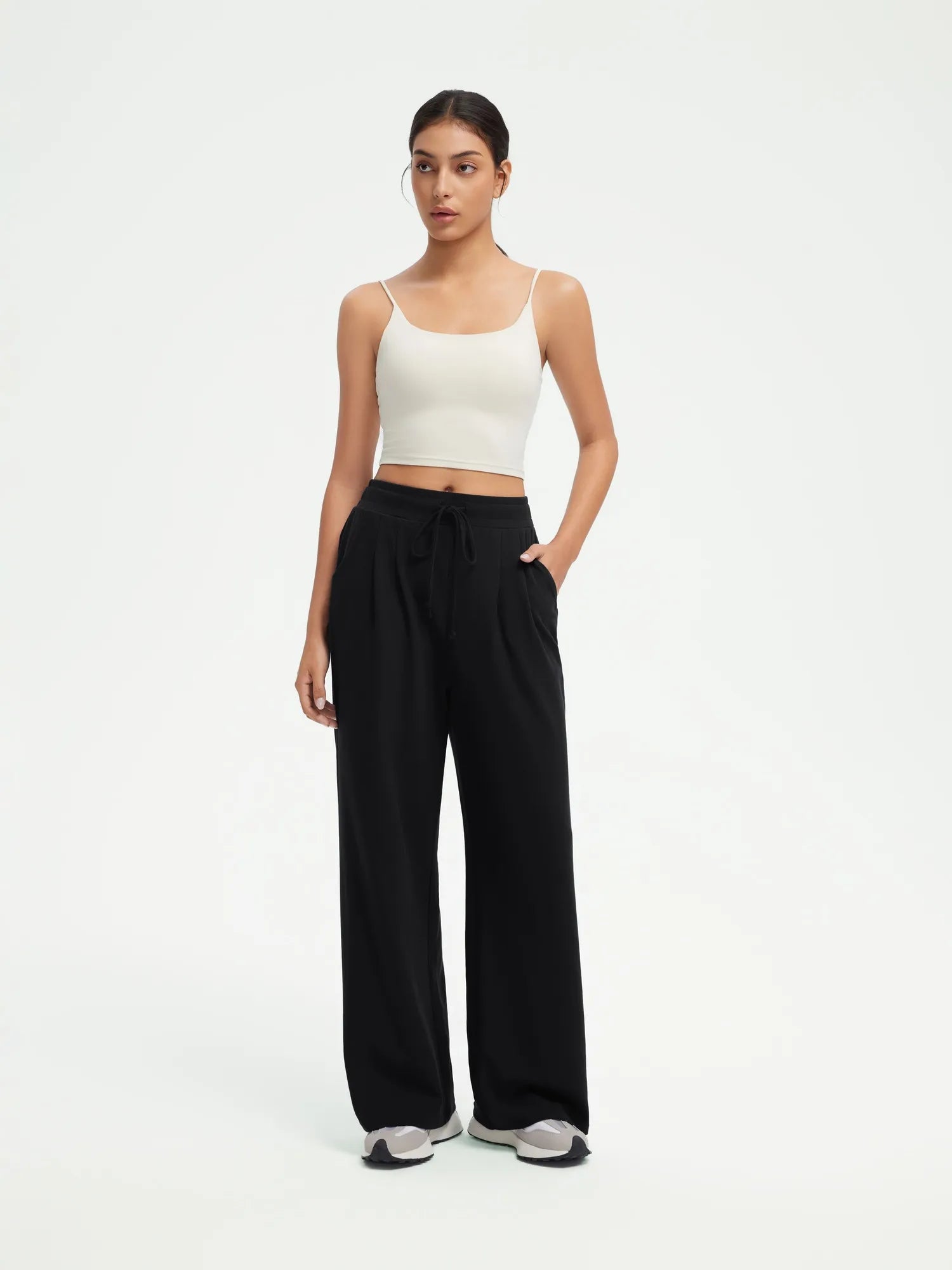 SUUKSESS Women Wide Leg Work Pants High Waisted Drawstring Waffle Knit Trousers-SUUKSESS-Black-XS-SUUKSESS