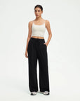 SUUKSESS Women Wide Leg Work Pants High Waisted Drawstring Waffle Knit Trousers-SUUKSESS-Black-XS-SUUKSESS