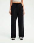 SUUKSESS Women Wide Leg Work Pants High Waisted Drawstring Waffle Knit Trousers-SUUKSESS-SUUKSESS