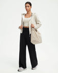 SUUKSESS Women Wide Leg Work Pants High Waisted Drawstring Waffle Knit Trousers-SUUKSESS-SUUKSESS