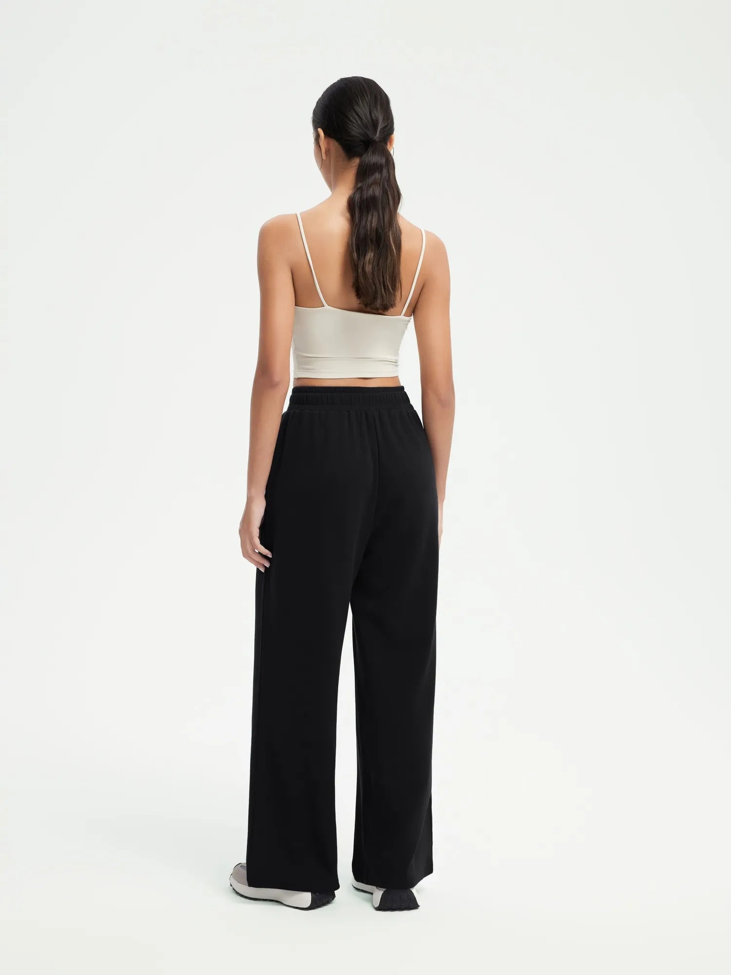 SUUKSESS Women Wide Leg Work Pants High Waisted Drawstring Waffle Knit Trousers-SUUKSESS-SUUKSESS