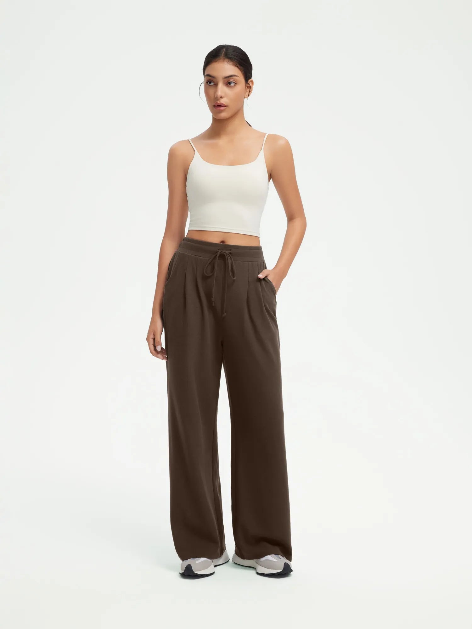 SUUKSESS Women Wide Leg Work Pants High Waisted Drawstring Waffle Knit Trousers-SUUKSESS-Brown-XS-SUUKSESS