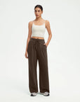 SUUKSESS Women Wide Leg Work Pants High Waisted Drawstring Waffle Knit Trousers-SUUKSESS-Brown-XS-SUUKSESS