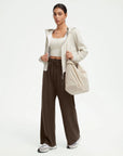 SUUKSESS Women Wide Leg Work Pants High Waisted Drawstring Waffle Knit Trousers-SUUKSESS-SUUKSESS