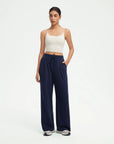SUUKSESS Women Wide Leg Work Pants High Waisted Drawstring Waffle Knit Trousers-SUUKSESS-Navy-XS-SUUKSESS