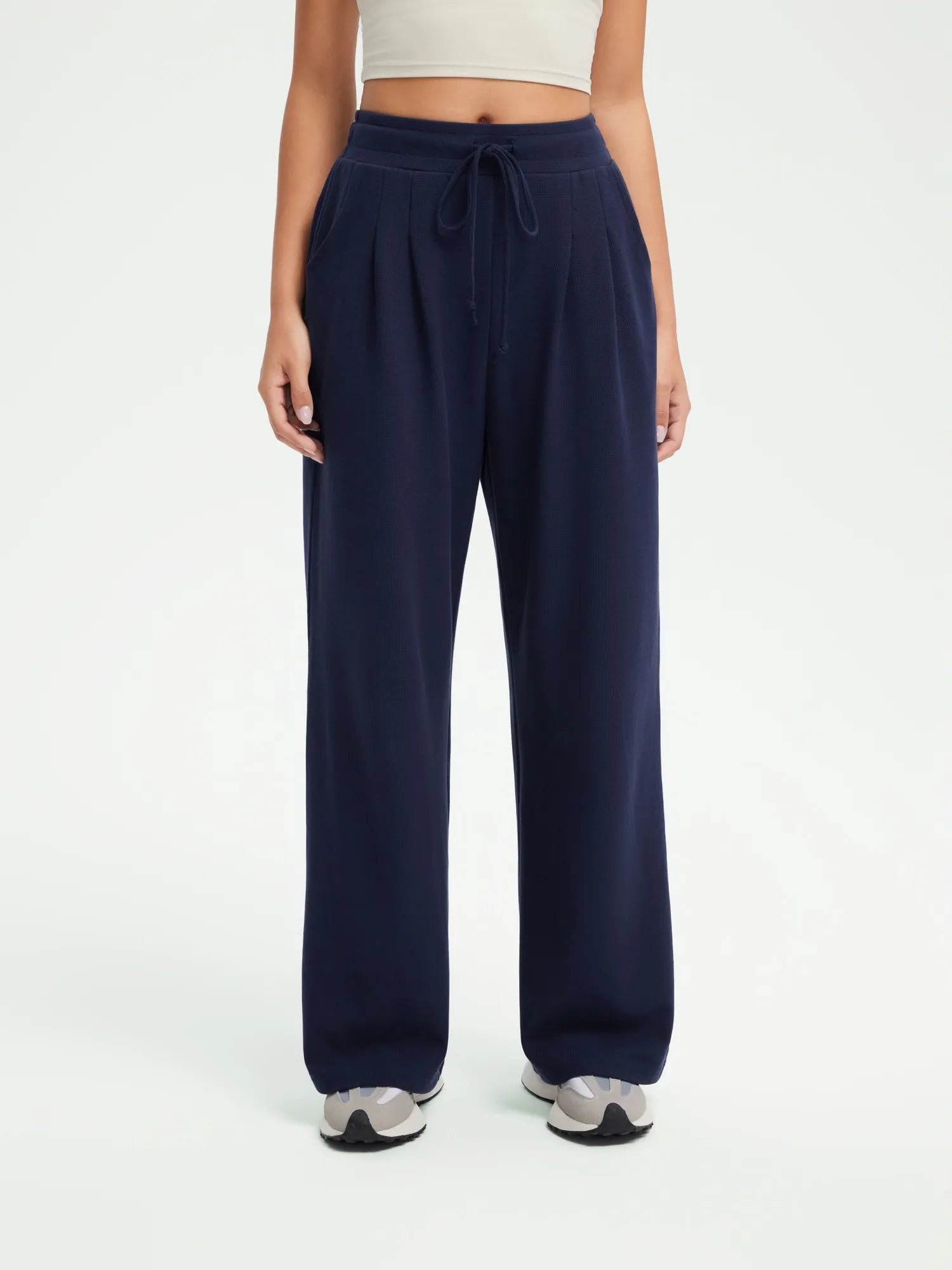 SUUKSESS Women Wide Leg Work Pants High Waisted Drawstring Waffle Knit Trousers-SUUKSESS-SUUKSESS