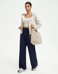 SUUKSESS Women Wide Leg Work Pants High Waisted Drawstring Waffle Knit Trousers-SUUKSESS-SUUKSESS