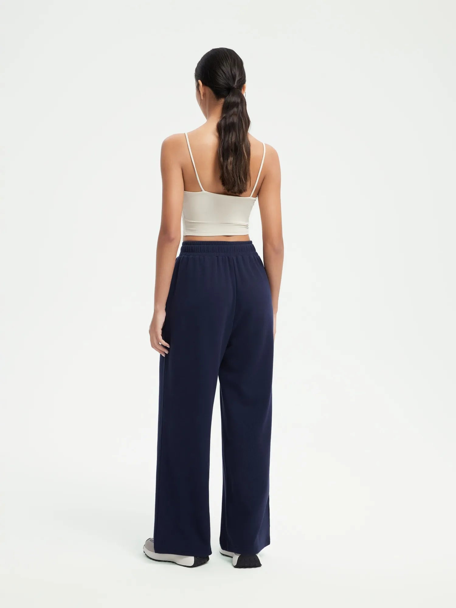 SUUKSESS Women Wide Leg Work Pants High Waisted Drawstring Waffle Knit Trousers-SUUKSESS-SUUKSESS