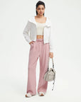 SUUKSESS Women Wide Leg Work Pants High Waisted Drawstring Waffle Knit Trousers-SUUKSESS-SUUKSESS