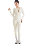 Seamless Ribbed Zip-Up Workout Set-Clothing-SUUKSESS-Beige-S-SUUKSESS