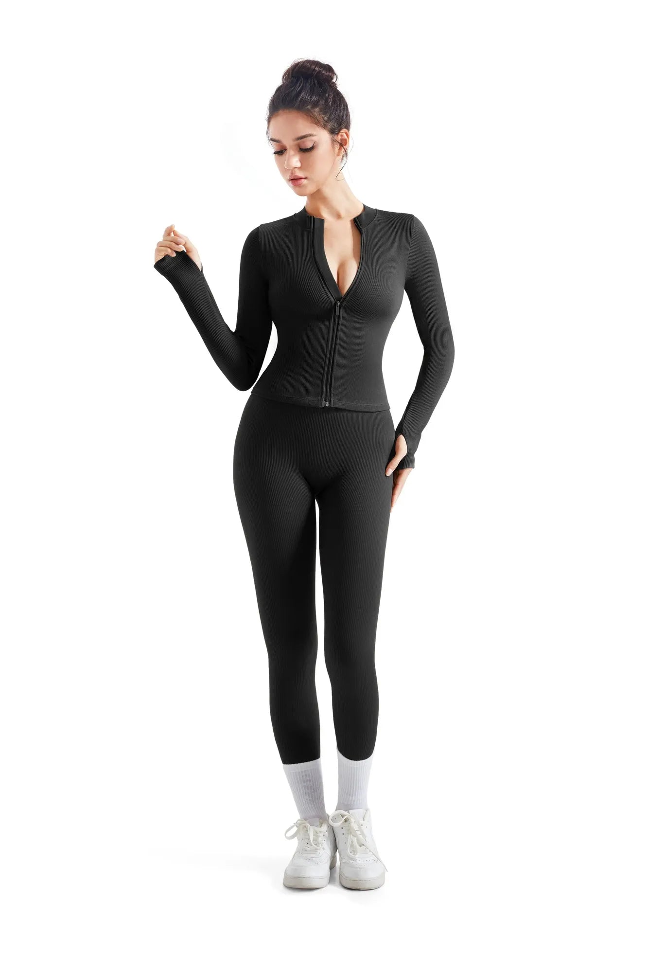 Seamless Ribbed Zip-Up Workout Set-Clothing-SUUKSESS-Black-S-SUUKSESS