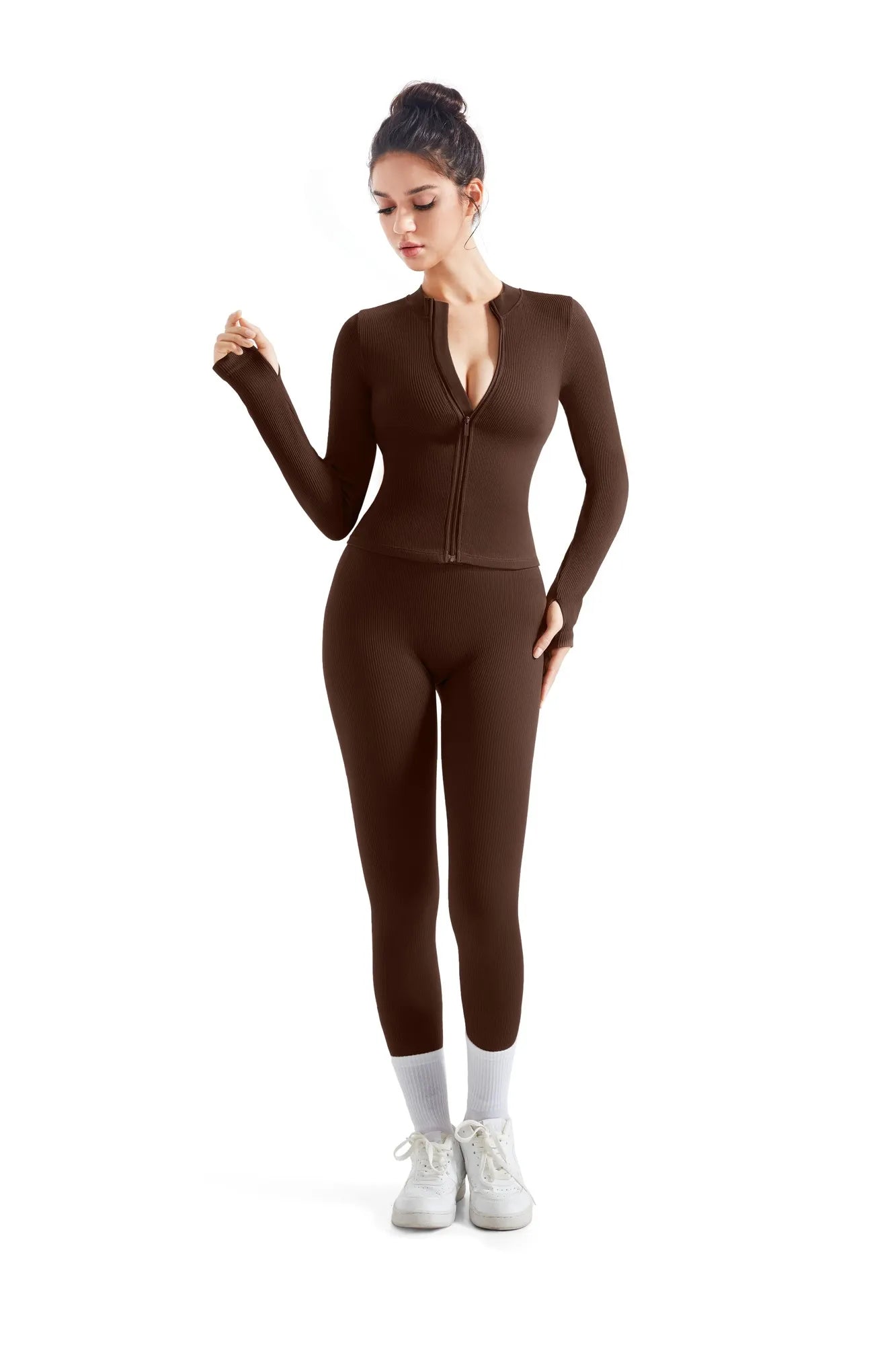 Seamless Ribbed Zip-Up Workout Set-Clothing-SUUKSESS-Brown-S-SUUKSESS