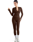 Seamless Ribbed Zip-Up Workout Set-Clothing-SUUKSESS-Brown-S-SUUKSESS