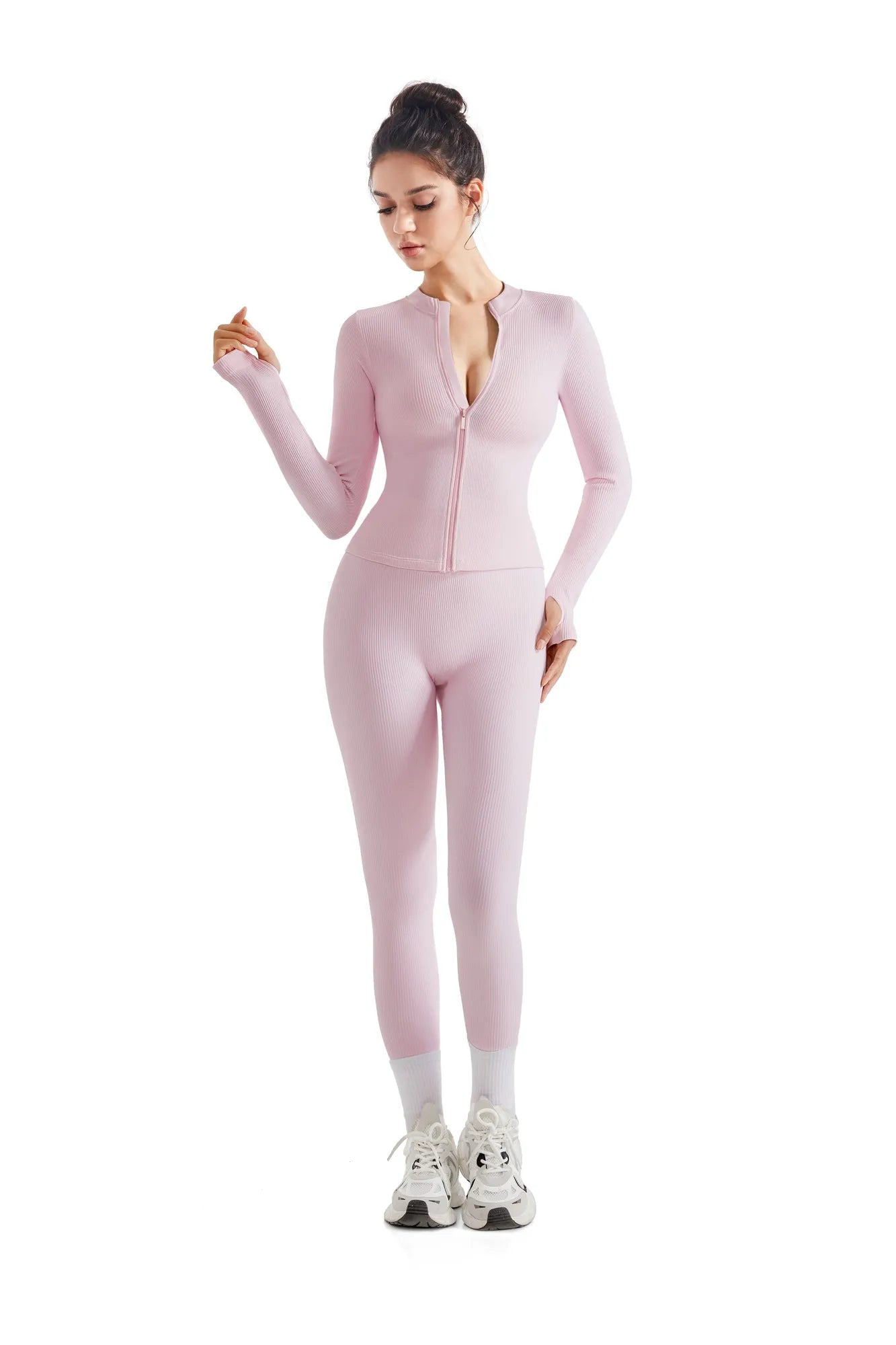 Seamless Ribbed Zip-Up Workout Set-Clothing-SUUKSESS-Light Pink-S-SUUKSESS