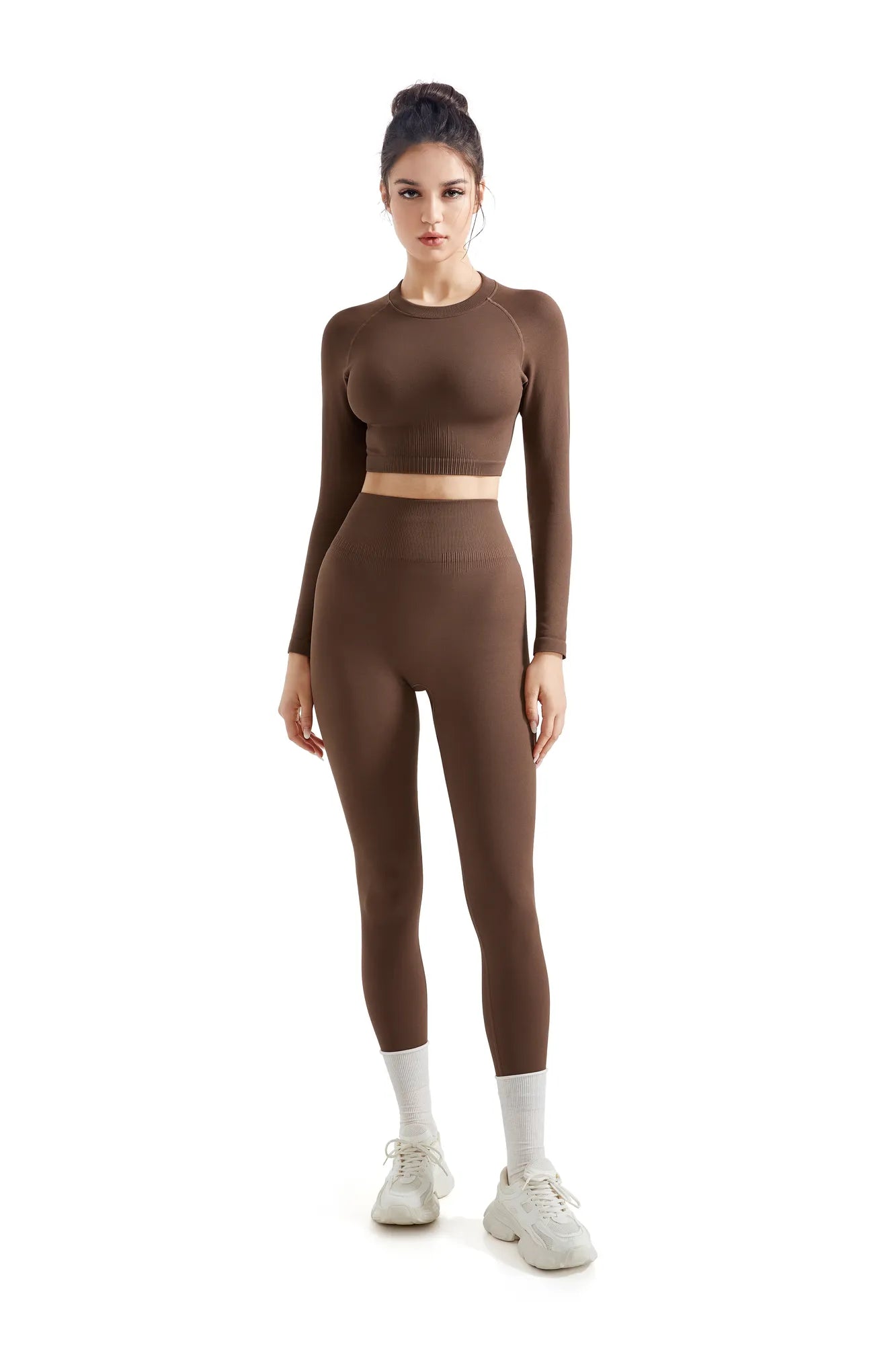 Seamless Crop Top Workout Set-SUUKSESS-Brown-S-SUUKSESS