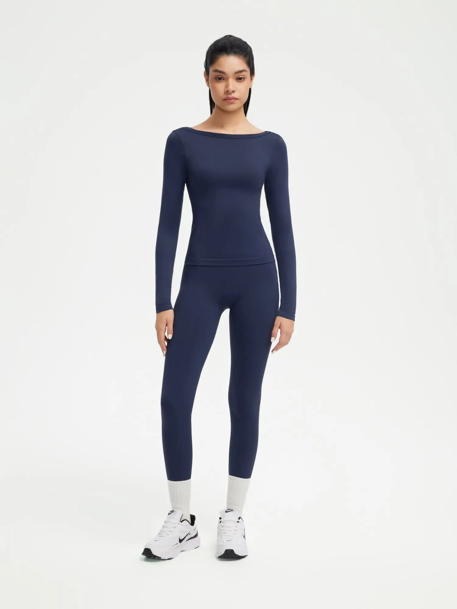 SUUKSESS Women 2 Piece Workout Sets High Waisted Seamless Leggings Active Long Sleeve Tops-SUUKSESS-Navy-XS-SUUKSESS