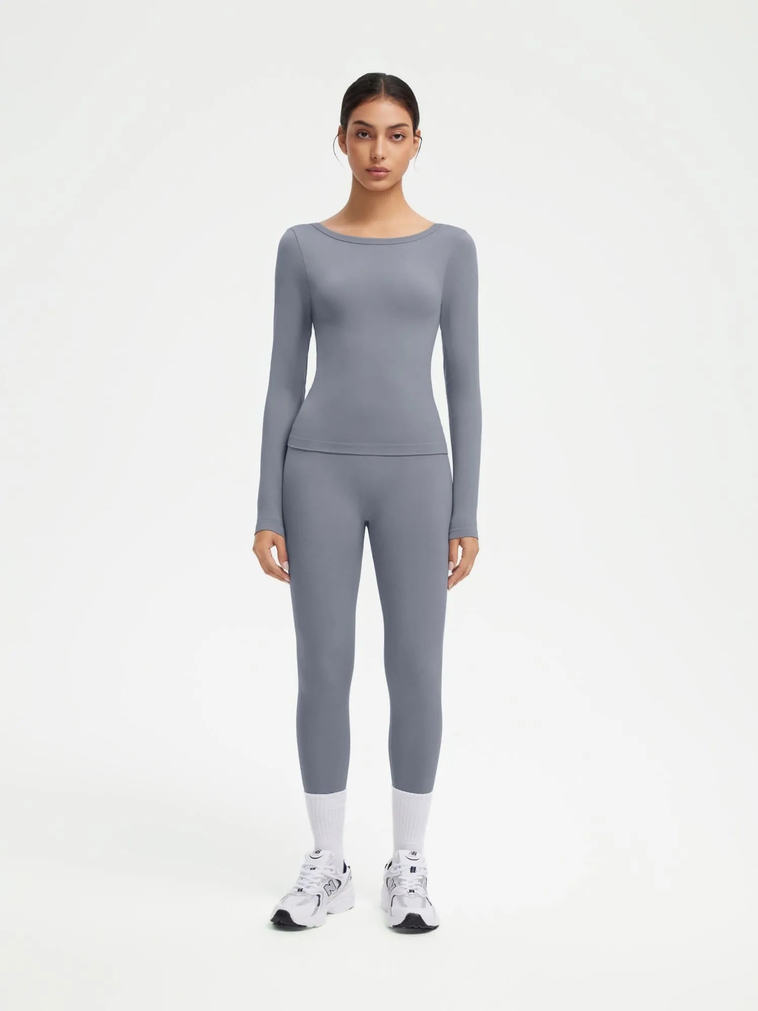 SUUKSESS Women 2 Piece Workout Sets High Waisted Seamless Leggings Active Long Sleeve Tops-SUUKSESS-Gray-XS-SUUKSESS