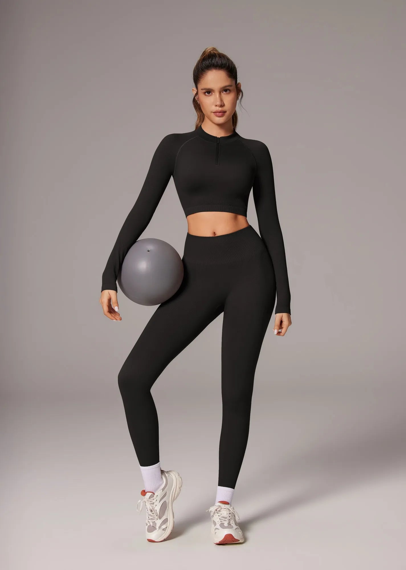 Half-Zip Athletic Top 2 Piece Workout Sets-SUUKSESS-Black-XS-SUUKSESS