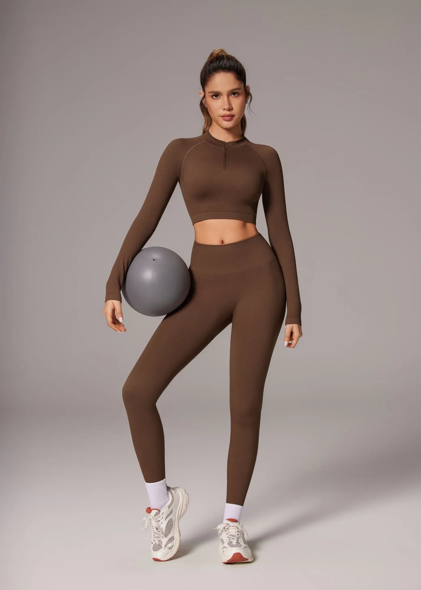 Half-Zip Athletic Top 2 Piece Workout Sets-SUUKSESS-Brown-XS-SUUKSESS