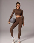 Half-Zip Athletic Top 2 Piece Workout Sets-SUUKSESS-Brown-XS-SUUKSESS