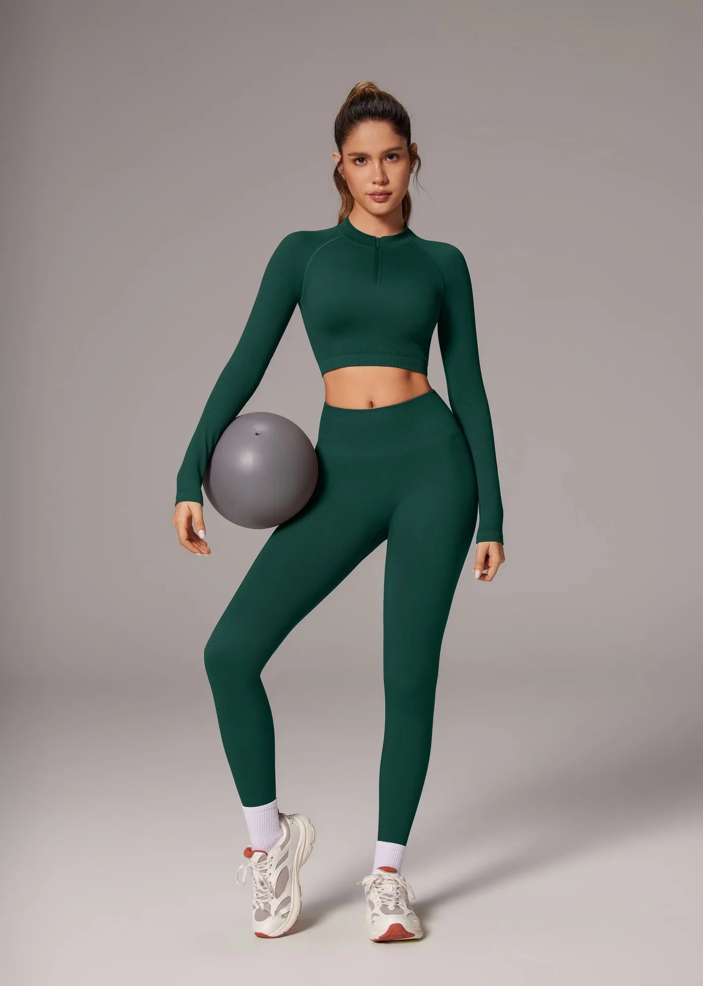Half-Zip Athletic Top 2 Piece Workout Sets-SUUKSESS-Green-XS-SUUKSESS