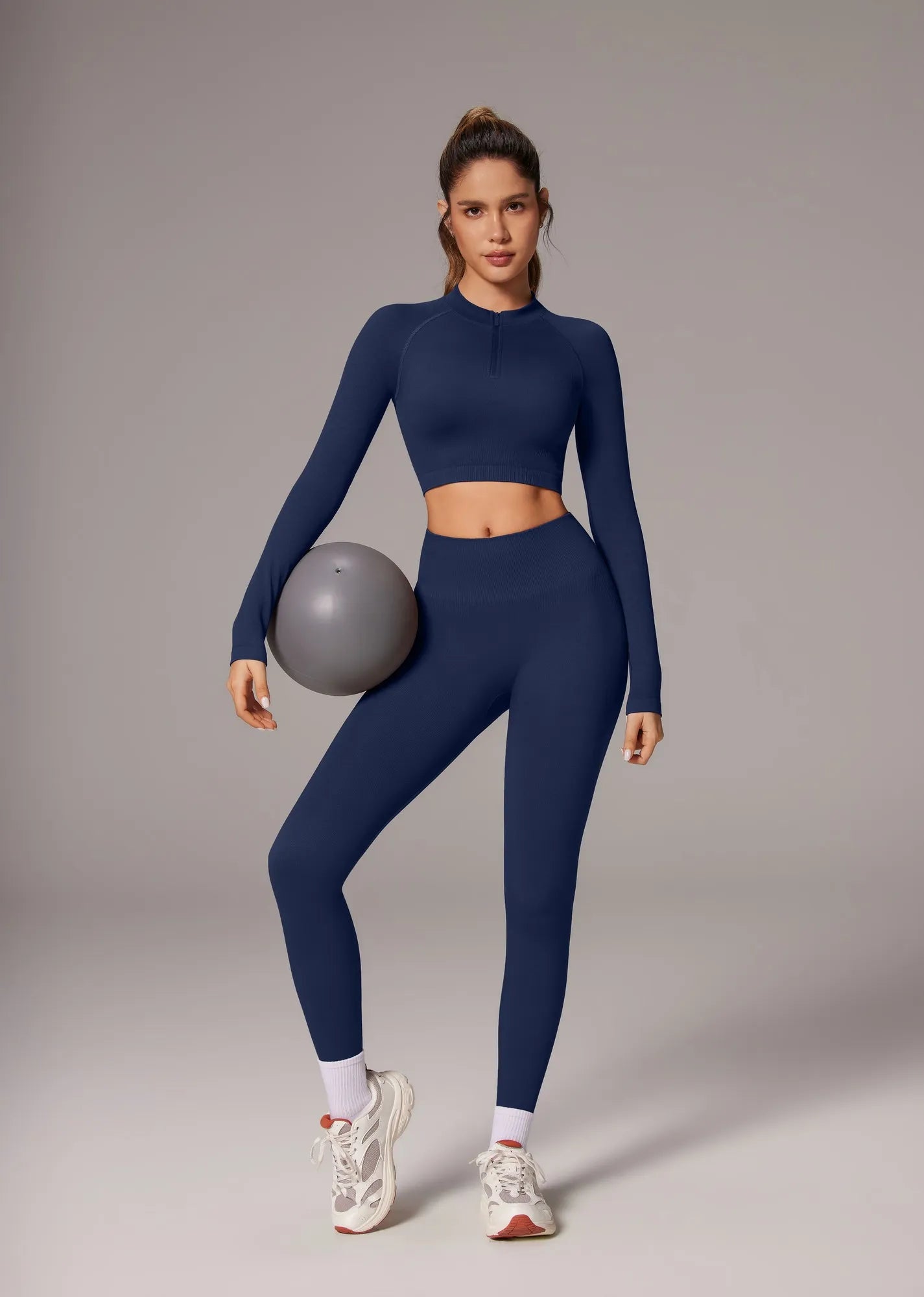 Half-Zip Athletic Top 2 Piece Workout Sets-SUUKSESS-Navy-XS-SUUKSESS