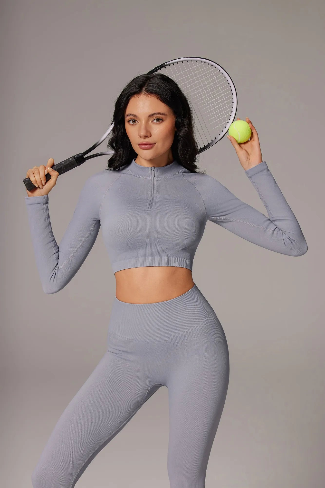 Half-Zip Athletic Top 2 Piece Workout Sets-SUUKSESS-Grey-XS-SUUKSESS