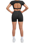 Open Back Short Sleeve Scrunch Seamless Ribbed Workout Sets-Clothing-SUUKSESS-SUUKSESS