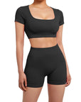 Open Back Short Sleeve Scrunch Seamless Ribbed Workout Sets-Clothing-SUUKSESS-Black-XS-SUUKSESS