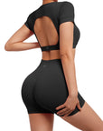 Open Back Short Sleeve Scrunch Seamless Ribbed Workout Sets-Clothing-SUUKSESS-SUUKSESS