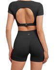 Open Back Short Sleeve Scrunch Seamless Ribbed Workout Sets-Clothing-SUUKSESS-SUUKSESS