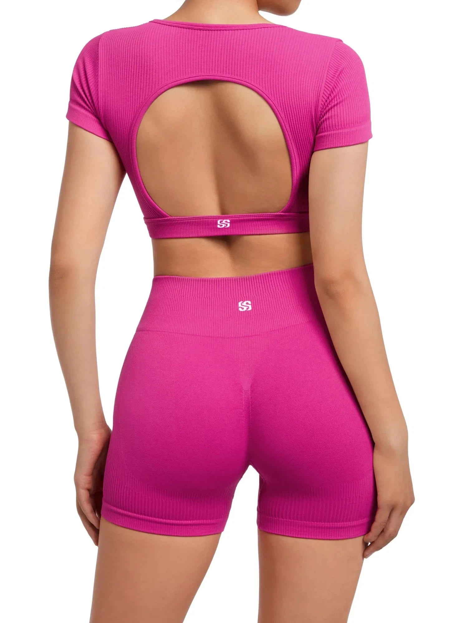 Open Back Short Sleeve Scrunch Seamless Ribbed Workout Sets-Clothing-SUUKSESS-SUUKSESS