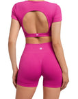 Open Back Short Sleeve Scrunch Seamless Ribbed Workout Sets-Clothing-SUUKSESS-SUUKSESS