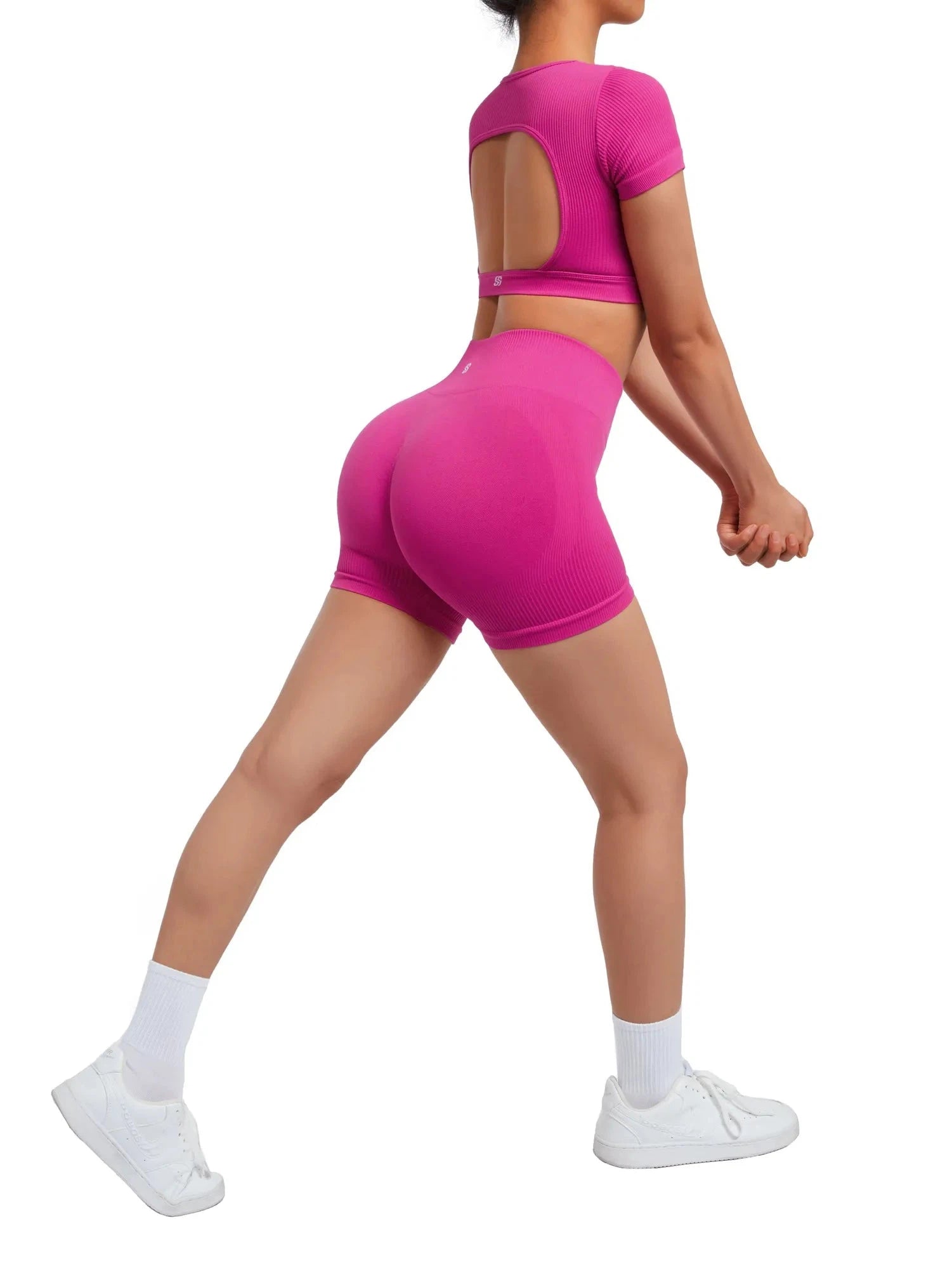 Open Back Short Sleeve Scrunch Seamless Ribbed Workout Sets-Clothing-SUUKSESS-SUUKSESS