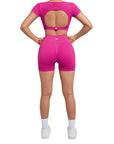 Open Back Short Sleeve Scrunch Seamless Ribbed Workout Sets-Clothing-SUUKSESS-SUUKSESS