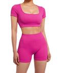 Open Back Short Sleeve Scrunch Seamless Ribbed Workout Sets-Clothing-SUUKSESS-Hot Pink-XS-SUUKSESS