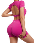 Open Back Short Sleeve Scrunch Seamless Ribbed Workout Sets-Clothing-SUUKSESS-SUUKSESS