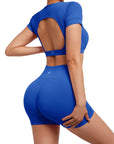 Open Back Short Sleeve Scrunch Seamless Ribbed Workout Sets-Clothing-SUUKSESS-SUUKSESS