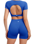 Open Back Short Sleeve Scrunch Seamless Ribbed Workout Sets-Clothing-SUUKSESS-SUUKSESS