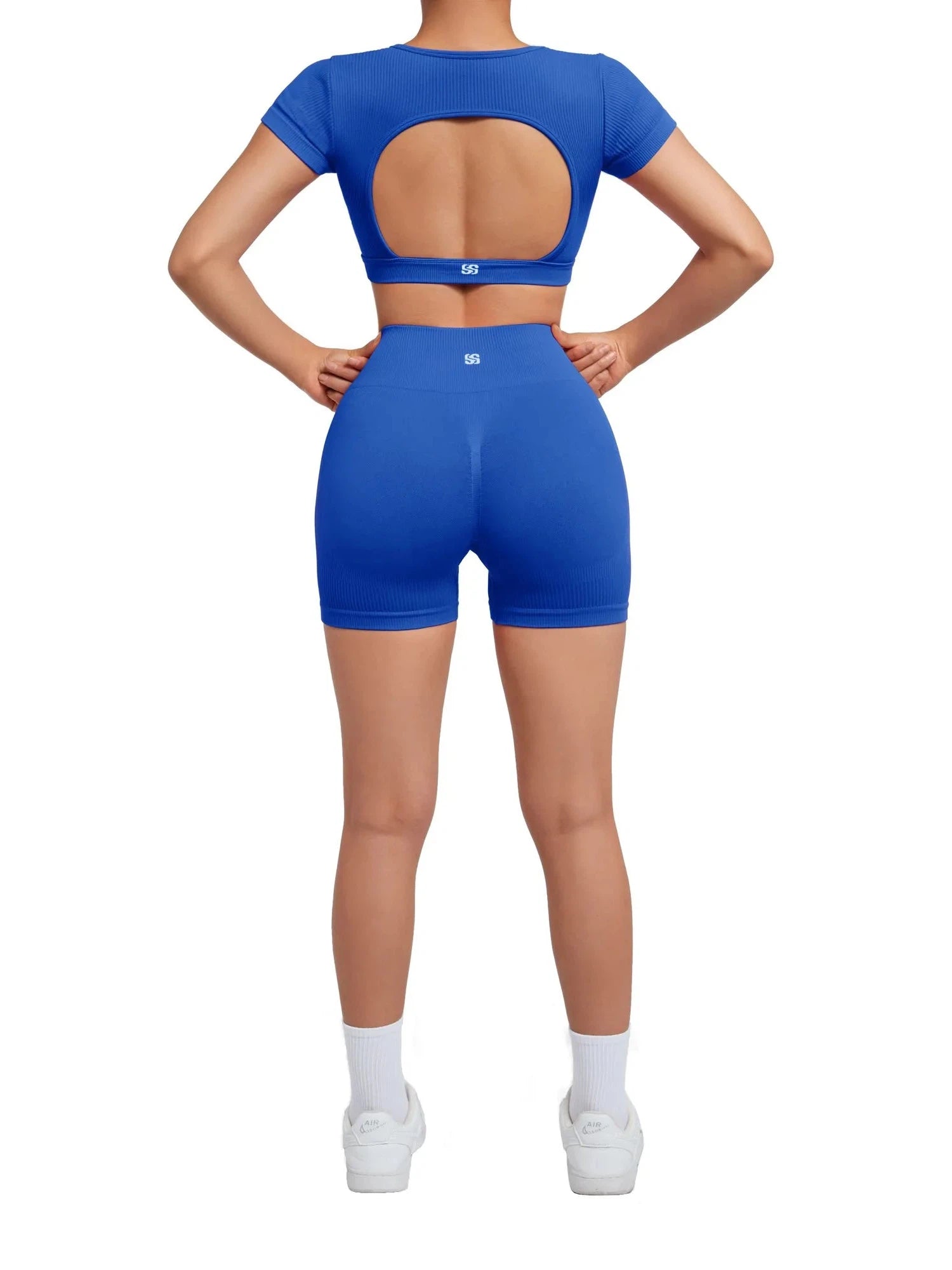 Open Back Short Sleeve Scrunch Seamless Ribbed Workout Sets-Clothing-SUUKSESS-SUUKSESS